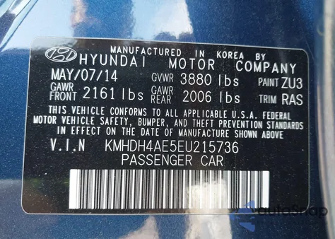 2014 Hyundai Elantra Se z USA, uszkodzony, nr VIN KMHDH4AE5EU215736